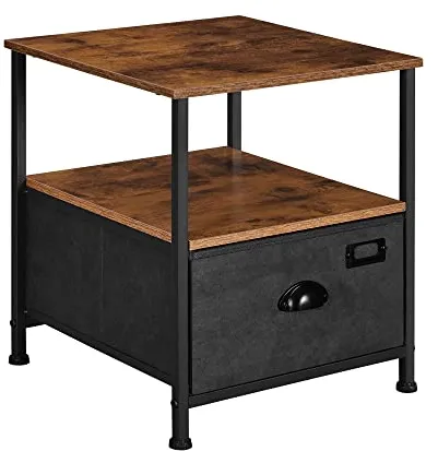 SONGMICS nachtkastje, met 2 planken en 1 lade - rustiek bruin MDF en zwart imitatie suède/metaal (41x41)